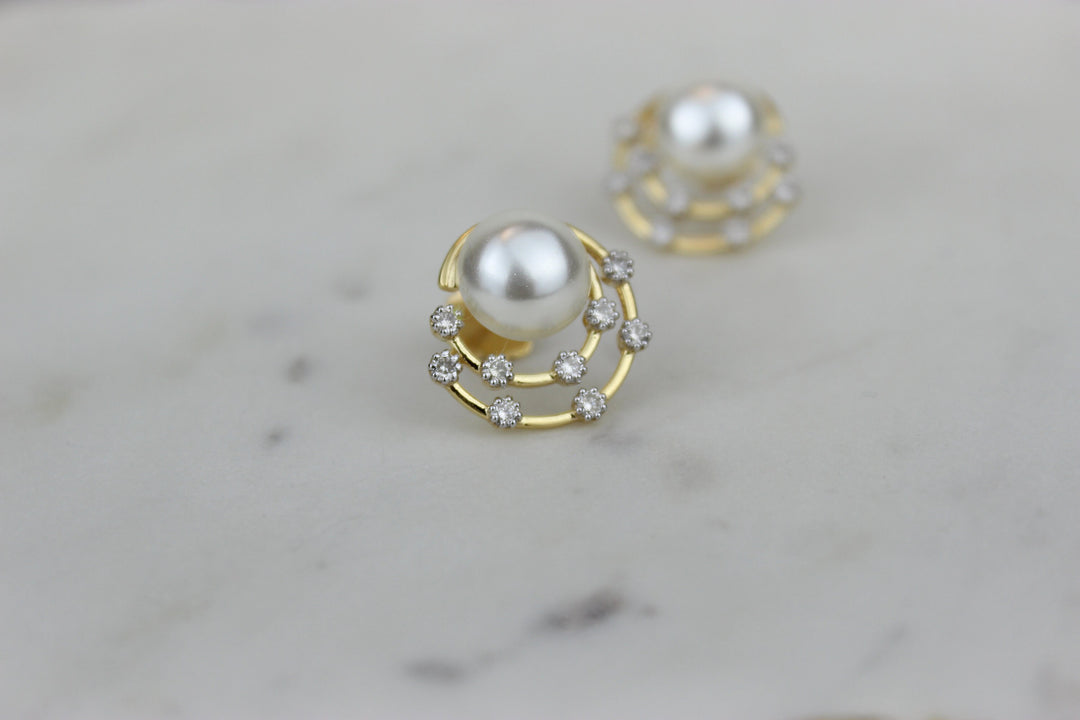 Concentric Circular Design Pearl Stud Earrings, Natural Diamonds, Gemstone Earrings, 14k Solid Gold, Gift for her, Elegant Design