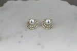 Load image into Gallery viewer, Concentric Circular Design Pearl Stud Earrings, Natural Diamonds, Gemstone Earrings, 14k Solid Gold, Gift for her, Elegant Design
