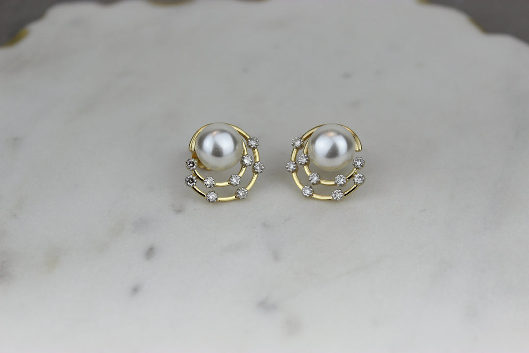 Concentric Circular Design Pearl Stud Earrings, Natural Diamonds, Gemstone Earrings, 14k Solid Gold, Gift for her, Elegant Design