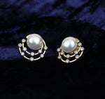 Load image into Gallery viewer, Concentric Circular Design Pearl Stud Earrings, Natural Diamonds, Gemstone Earrings, 14k Solid Gold, Gift for her, Elegant Design
