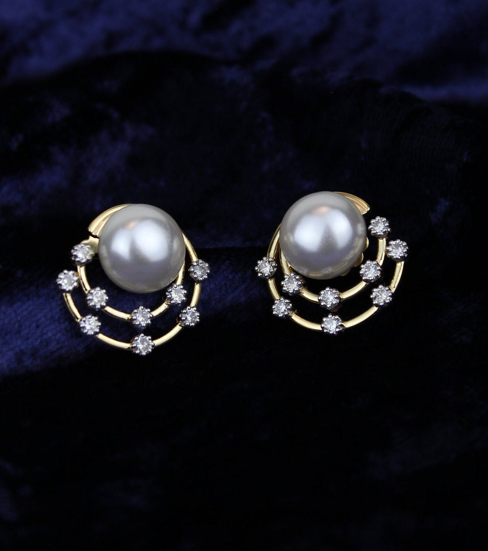 Concentric Circular Design Pearl Stud Earrings, Natural Diamonds, Gemstone Earrings, 14k Solid Gold, Gift for her, Elegant Design