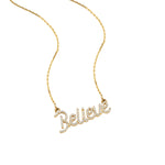 Load image into Gallery viewer, Believe Diamond Necklace in 14k Solid Gold, Inspirational Fine Jewelry, Handcrafted Jewelry, Word Necklace, Script Word Necklace
