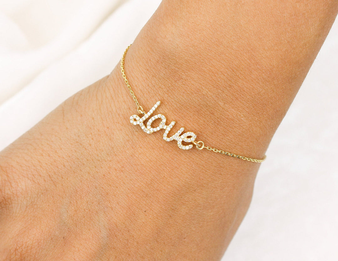 Love Chain Diamond Bracelet in 14k Solid Gold, Natural Diamonds, Inspirational Jewelry, Gift for her, Handcrafted Jewelry, Word Bracelet