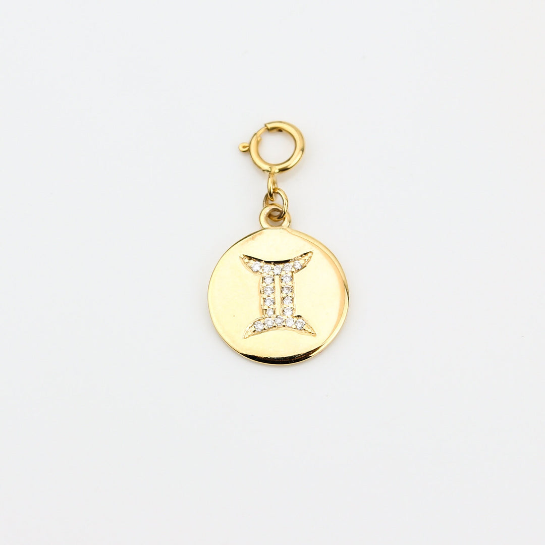 Gemini Horoscope Birth Sign Charm, 14k Solid Gold, Natural Diamonds, Zodiac Jewelry, Everyday Jewelry, Astrology Gift for her