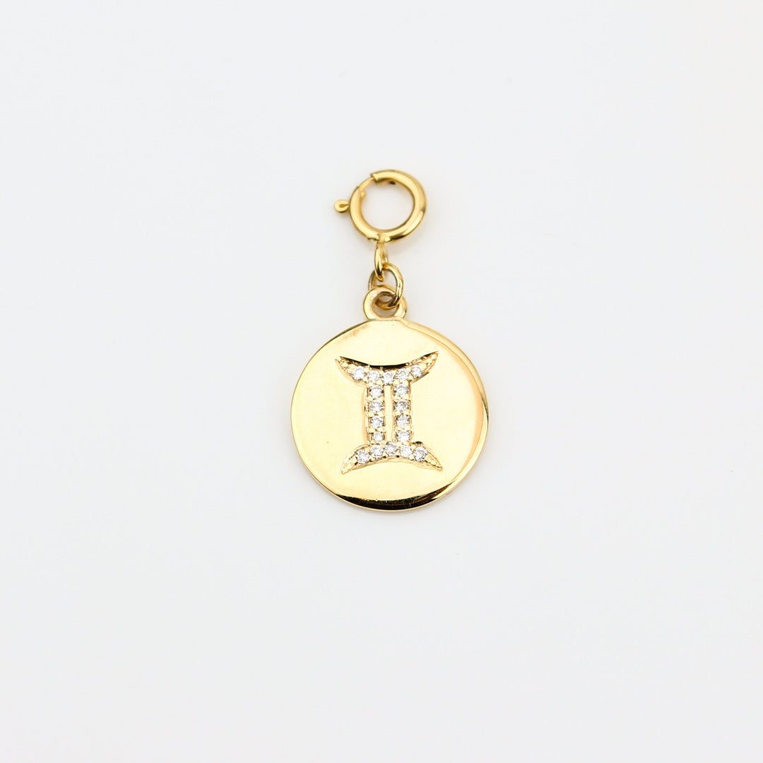 Gemini Horoscope Birth Sign Charm, 14k Solid Gold, Natural Diamonds, Zodiac Constellation Everyday Jewelry, Astrology Gift