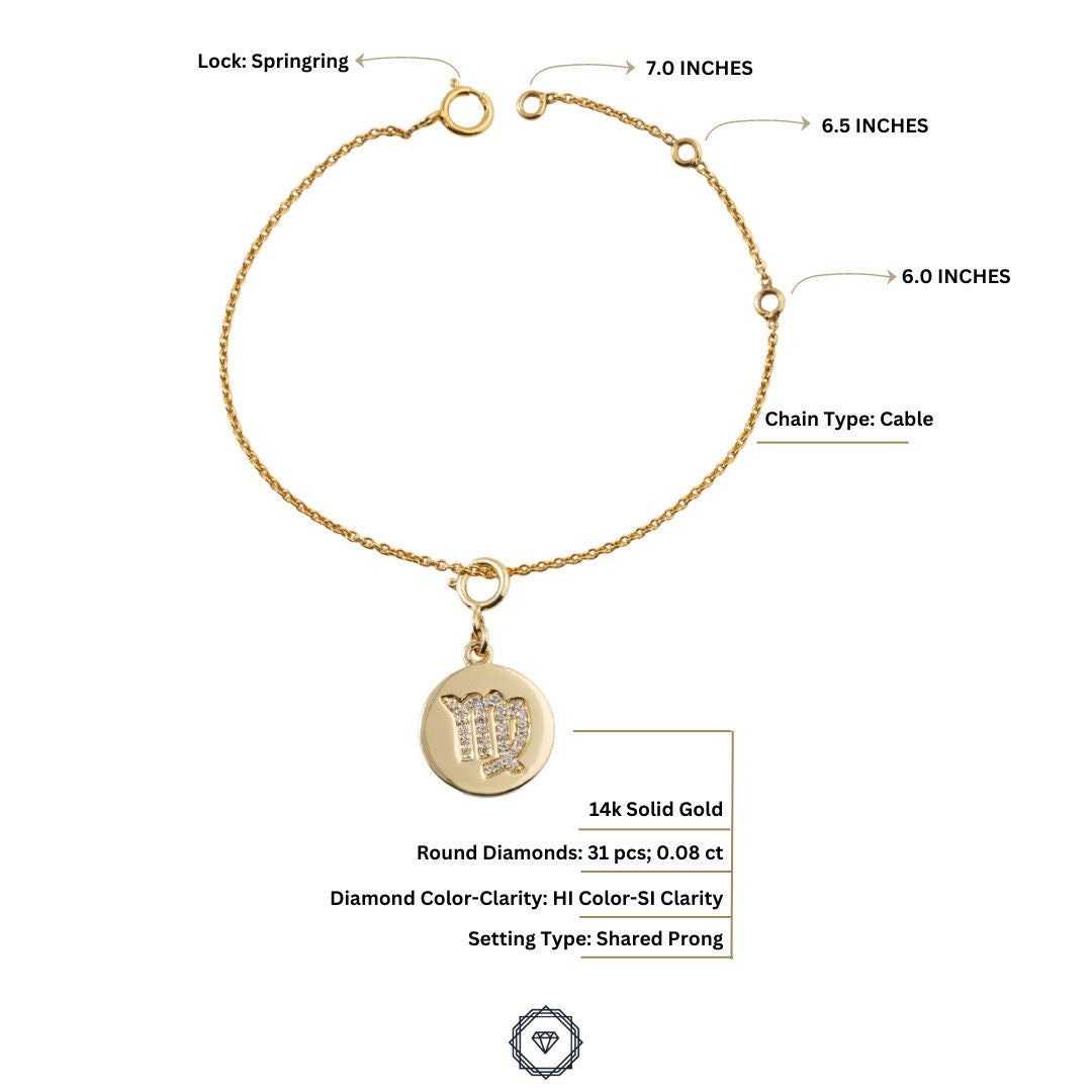 Virgo Horoscope Birth Sign Charm, 14k Solid Gold, Natural Diamonds, Zodiac Jewelry, Everyday Jewelry, Astrology Gift for her