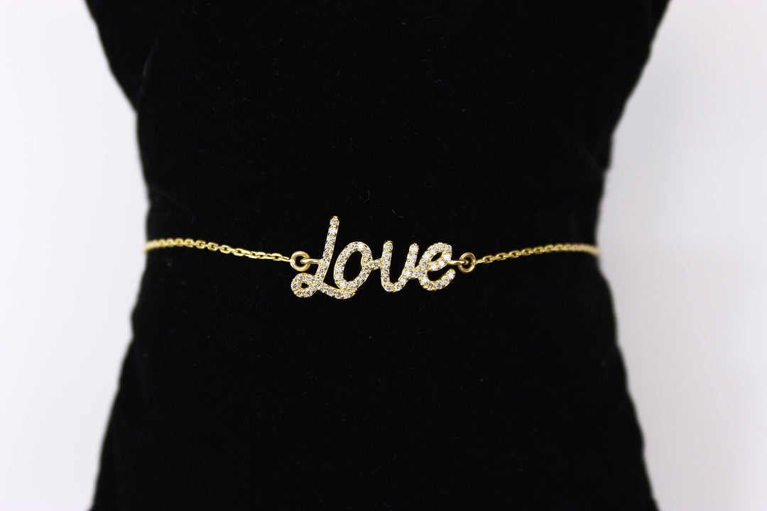 Love Chain Diamond Bracelet in 14k Solid Gold, Natural Diamonds, Inspirational Jewelry, Gift for her, Handcrafted Jewelry, Word Bracelet