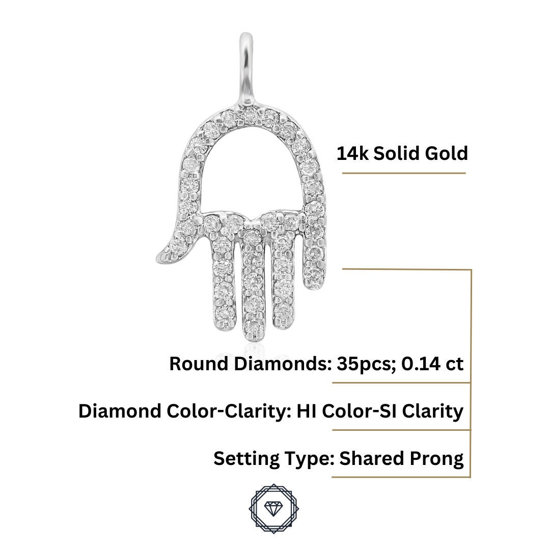 Hamsa Hand Diamond Charm Pendant, 14k Solid Gold, Small Hamsa Necklace,  Natural Diamonds, Everyday Protection Bracelet, Gift for her