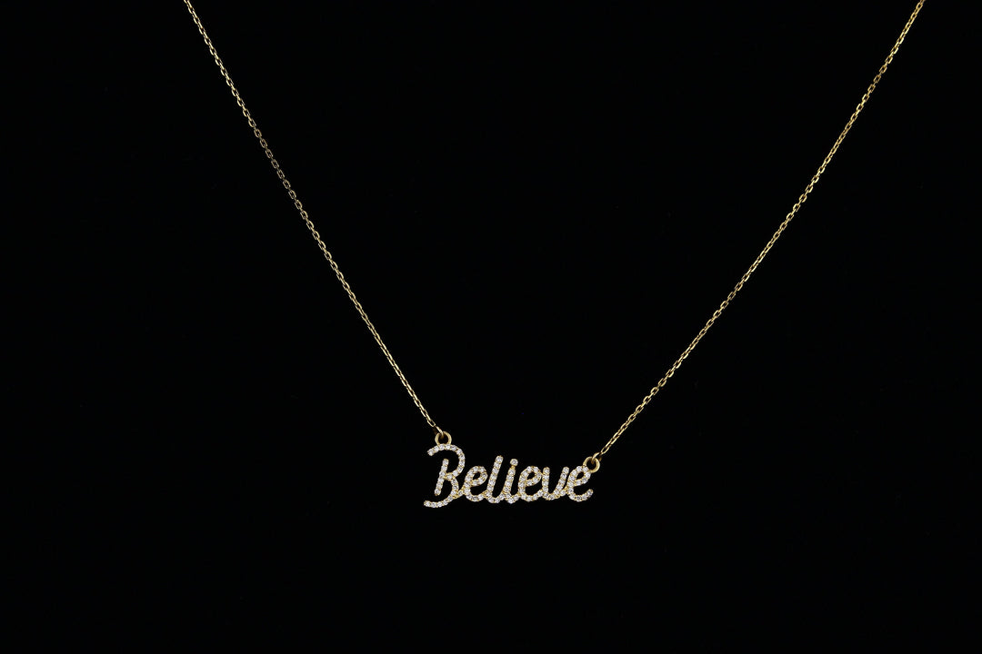 Believe Diamond Necklace in 14k Solid Gold, Inspirational Fine Jewelry, Handcrafted Jewelry, Word Necklace, Script Word Necklace