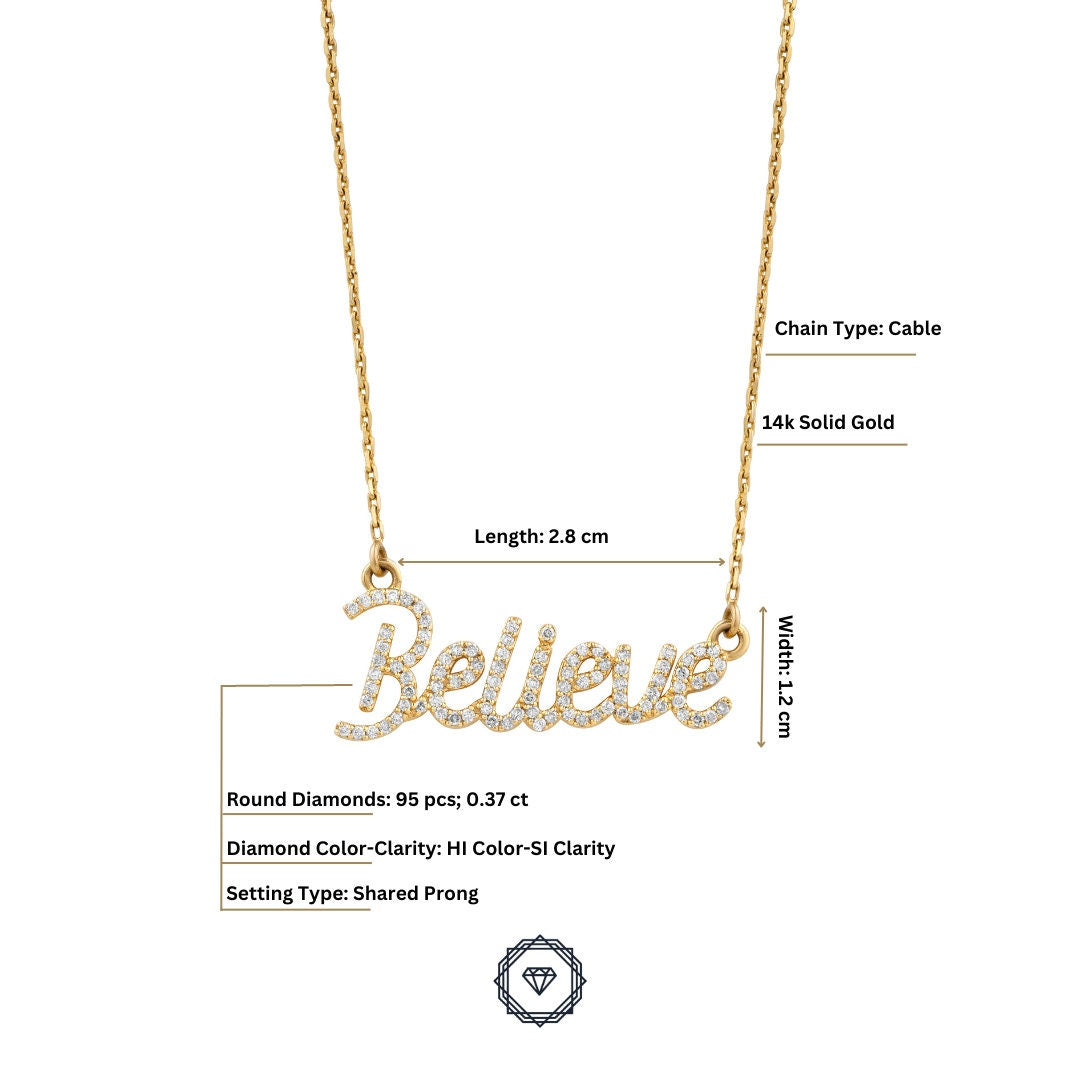 Believe Diamond Necklace in 14k Solid Gold, Inspirational Fine Jewelry, Handcrafted Jewelry, Word Necklace, Script Word Necklace