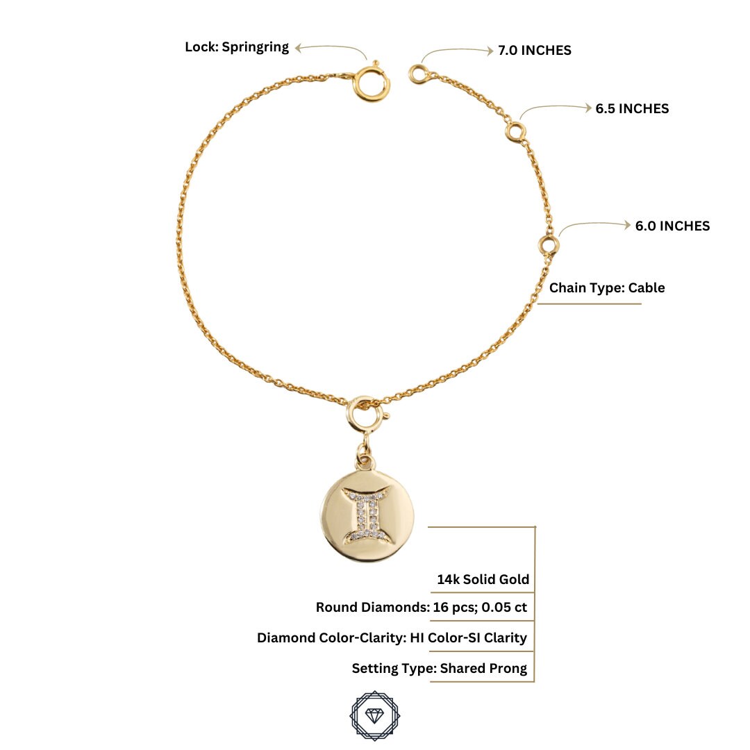 Gemini Horoscope Birth Sign Charm, 14k Solid Gold, Natural Diamonds, Zodiac Jewelry, Everyday Jewelry, Astrology Gift for her