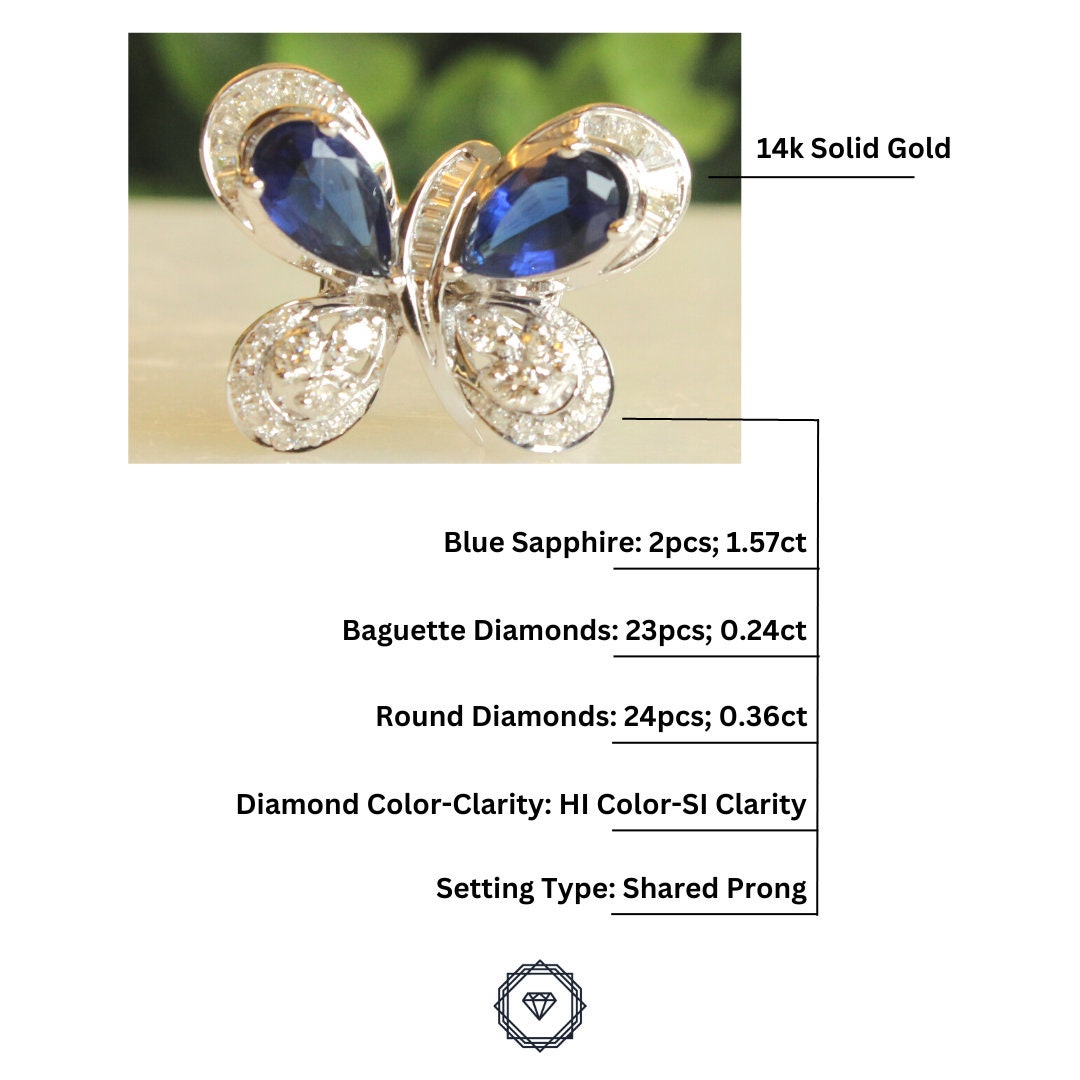 Blue Sapphire Butterfly Diamond Ring in 14K Solid Gold, Natural Diamonds,  Gemstone Ring, Gift for her