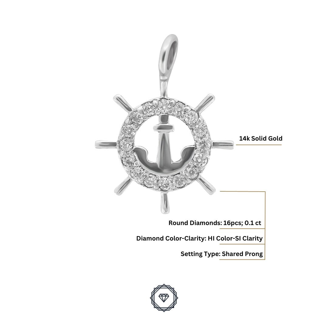 Anchor and Wheel Pendant Charm, 14k Solid Gold, Natural Diamonds, Gift for her