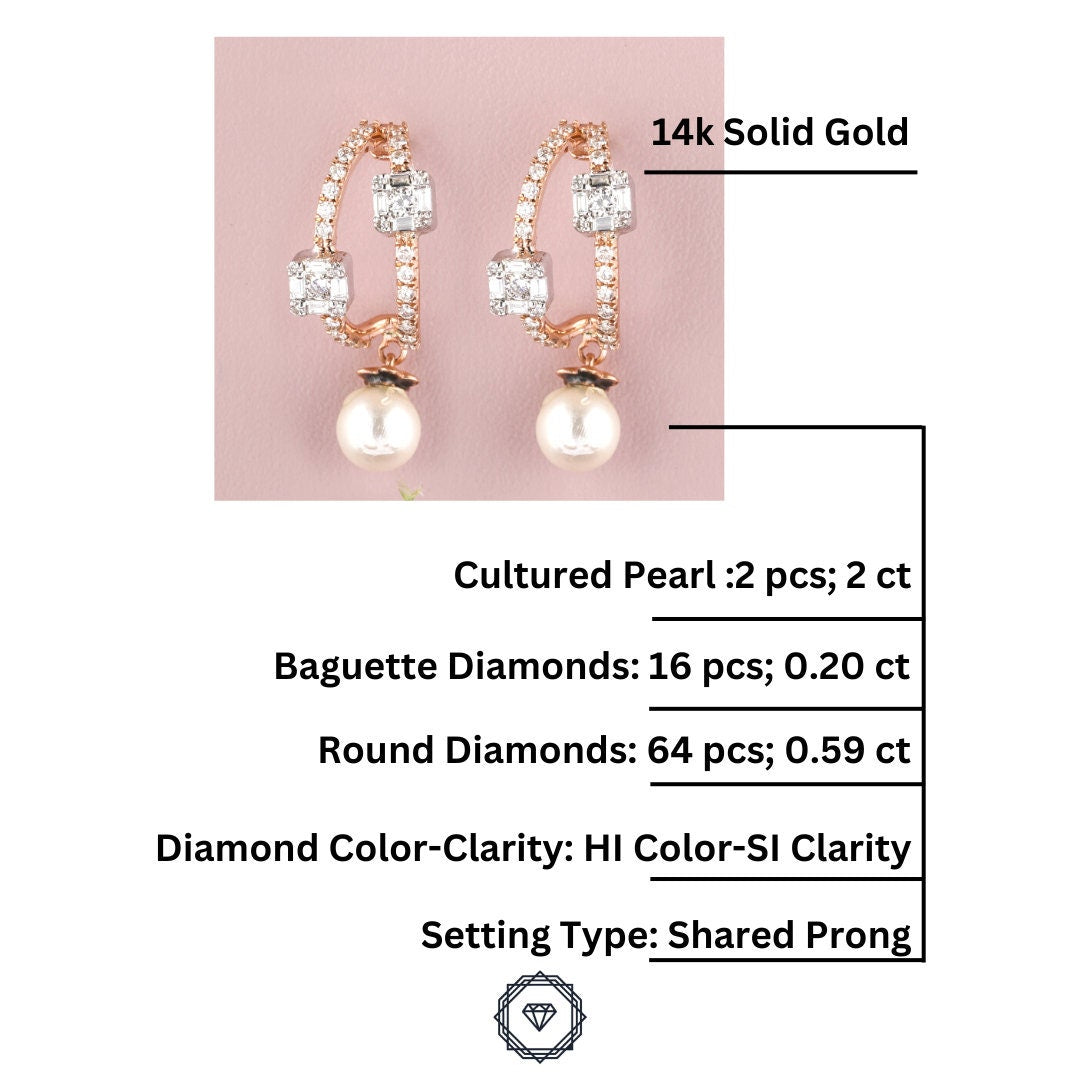 Pearl Drop Earrings, 14k Solid Gold, Natural Diamonds, Illusion Setting, Double Diamond Lines with Motifs, Baguette & Round Diamond Earrings
