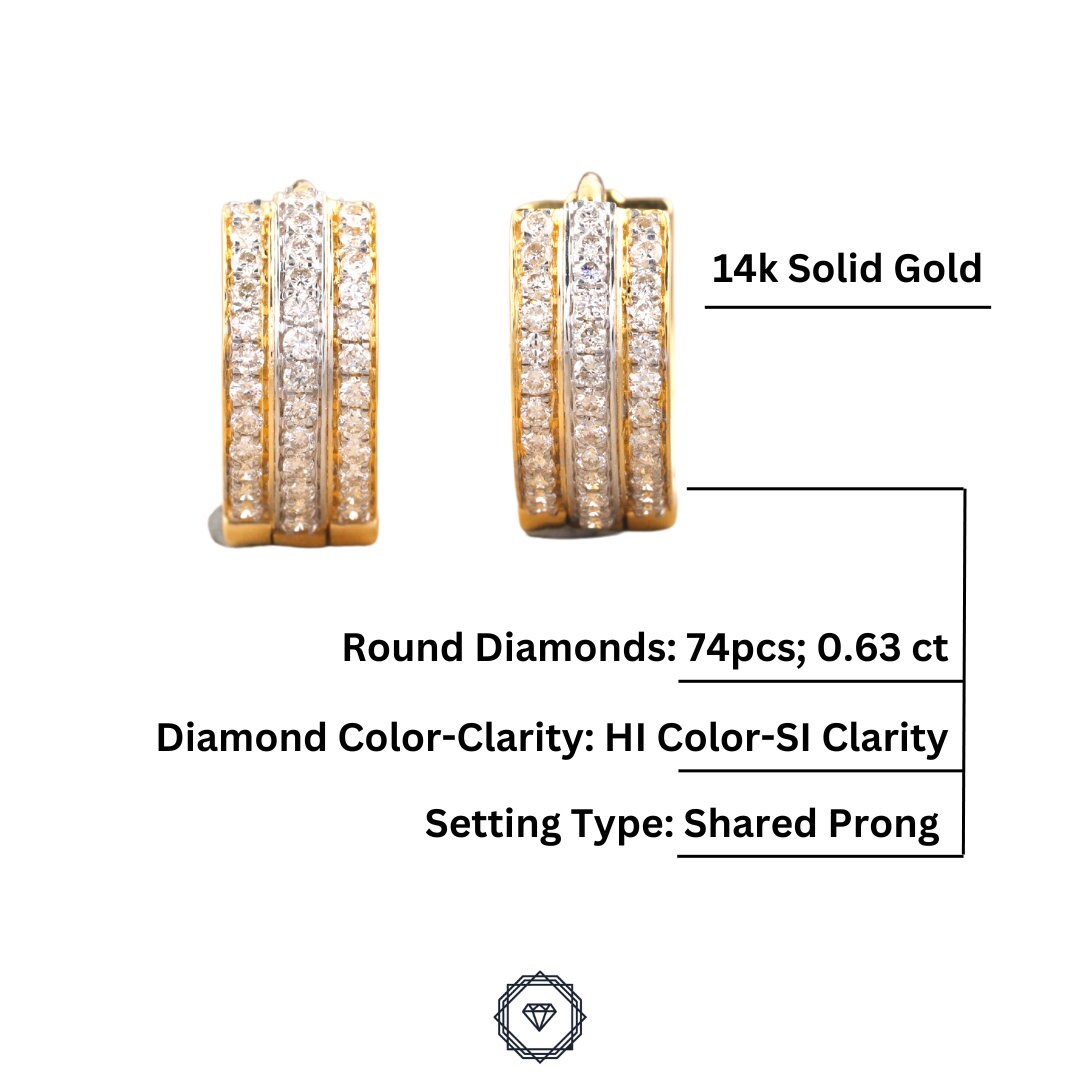 Triple line Diamond Earrings, Huggie earrings. 14k Solid Gold Earrings, Natural Diamonds, Gift for her, Dainty Diamond Earrings
