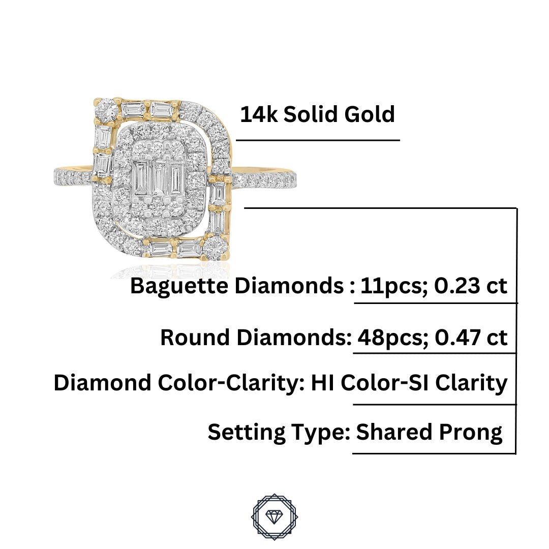 Baguettes and Round Diamond Ring In Illusion Setting, 14k Solid Gold, Natural Diamonds, Perfect Gift for her