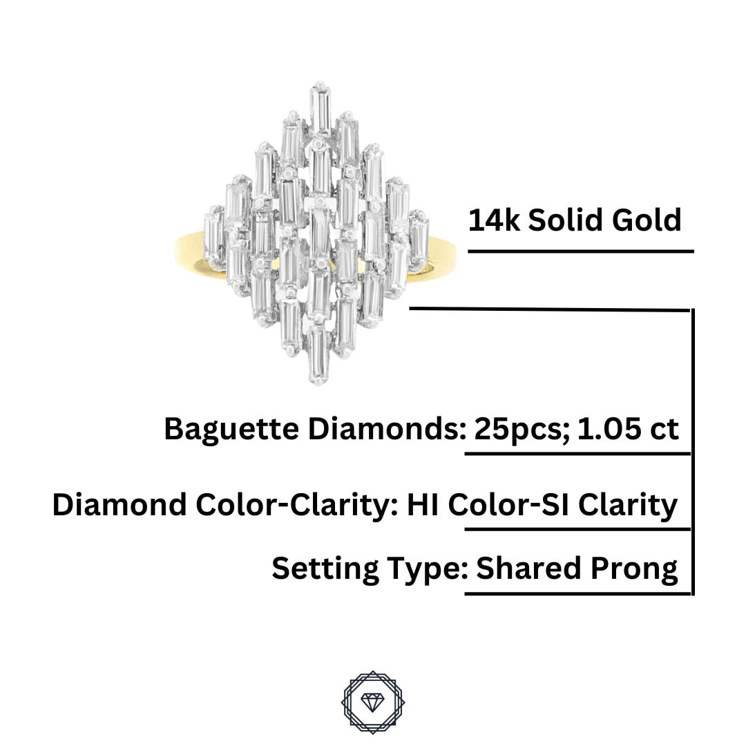 Baguette Diamond Ring, Diamond cluster setting Ring, Baguette Diamond Engagement Ring, Natural Diamonds, 14K Solid Gold, Gift for her