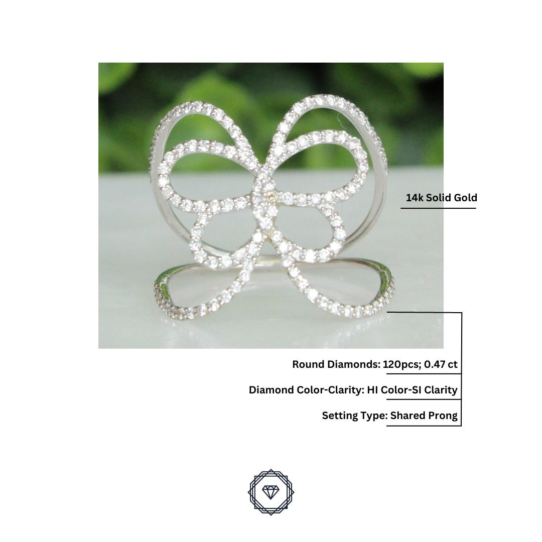 Dainty Butterfly Diamond Ring, 14k Solid Gold, Natural Diamonds, Everyday Ring, Gift for Her