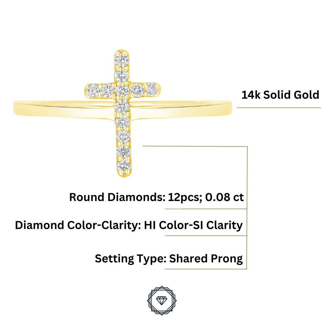 Cross Diamond Ring, 14k Solid Gold, Natural Diamonds, Gift for her, Stackable Jewelry, Minimalist Religious Ring, Handmade Cross Ring