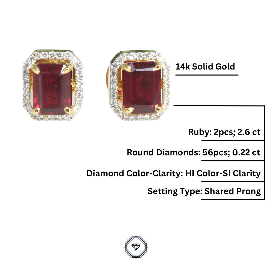 Ruby Diamonds Stud, Birthstone Gemstone Earrings, 14k Solid Gold, Natural Diamonds, Gift For Her