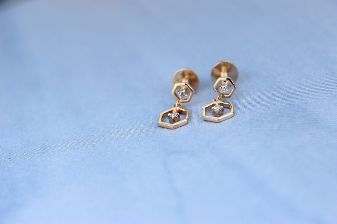 Hexagonal Small Diamond Dangle Earrings, 14k Solid Gold Minimalist Earrings, Natural Diamonds, Polygon Diamond Earrings, Gift for her