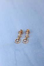 Load image into Gallery viewer, Hexagonal Small Diamond Dangle Earrings, 14k Solid Gold Minimalist Earrings, Natural Diamonds, Polygon Diamond Earrings, Gift for her
