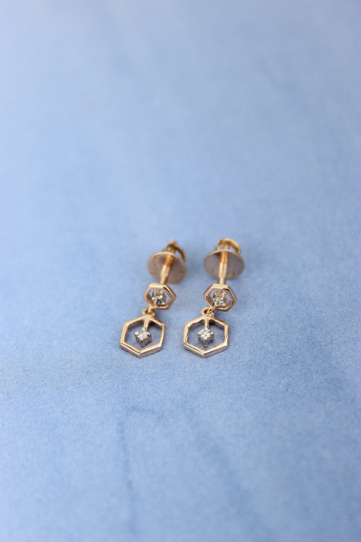 Hexagonal Small Diamond Dangle Earrings, 14k Solid Gold Minimalist Earrings, Natural Diamonds, Polygon Diamond Earrings, Gift for her