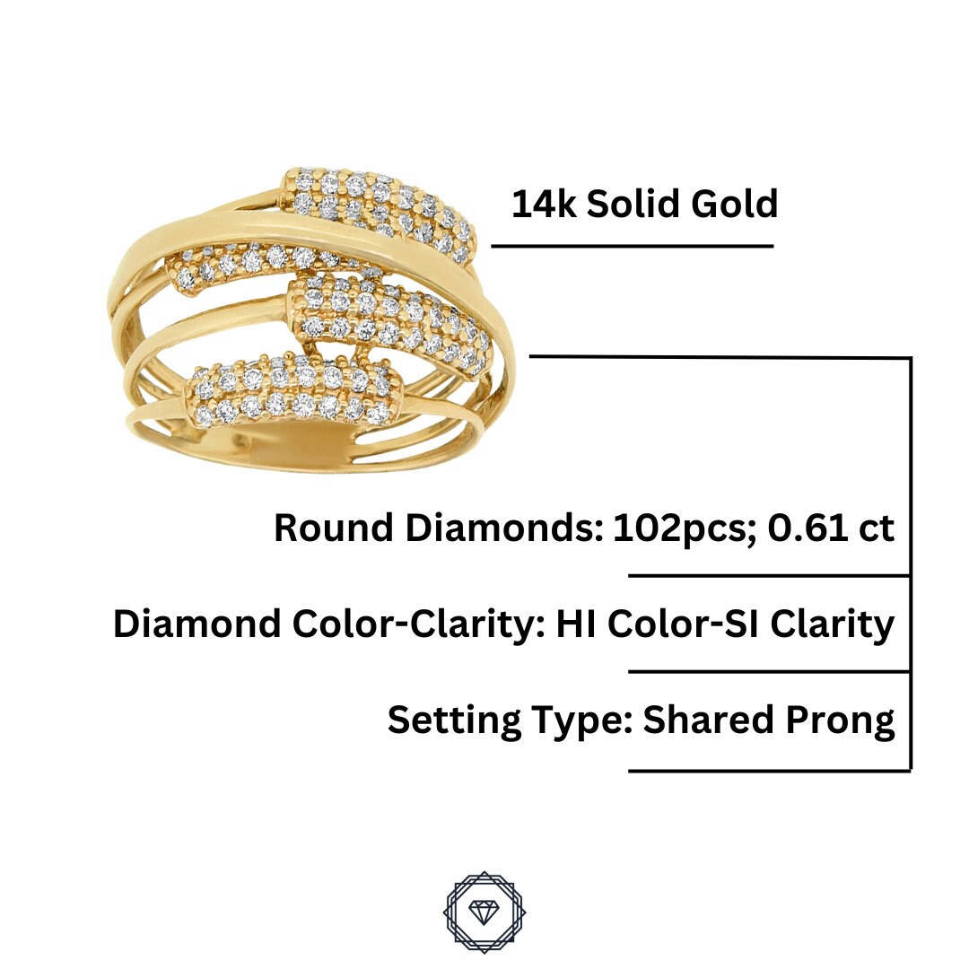 Criss Cross Diamond Ring In 14k Solid Gold Featuring Multiple Thin Gold Lines Ring With Natural Diamonds, Gift for Women
