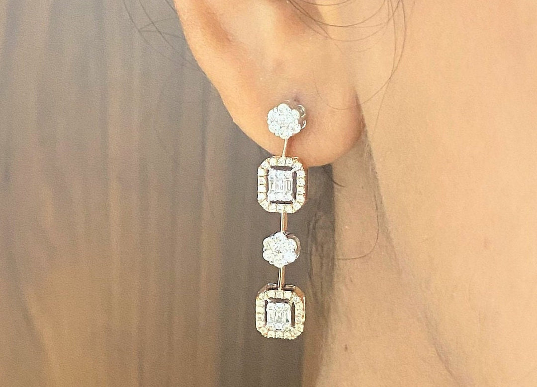 Baguette and Round Diamond Earrings, Illusion Setting Dangle Diamond Earrings, 14K Solid Gold, Dual Toned, Natural Diamonds, Gift for her
