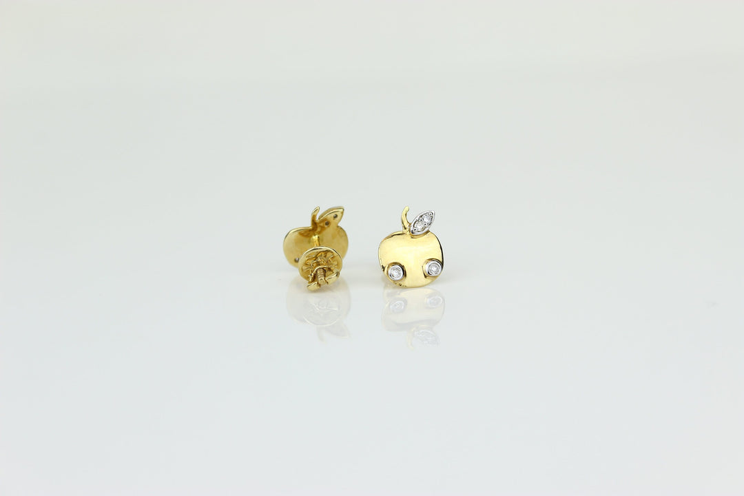 Kids Apple Diamond Stud Earrings, 14k Solid Gold, Natural Diamonds, Kids Jewelry, Gift for toddlers, girls and kids