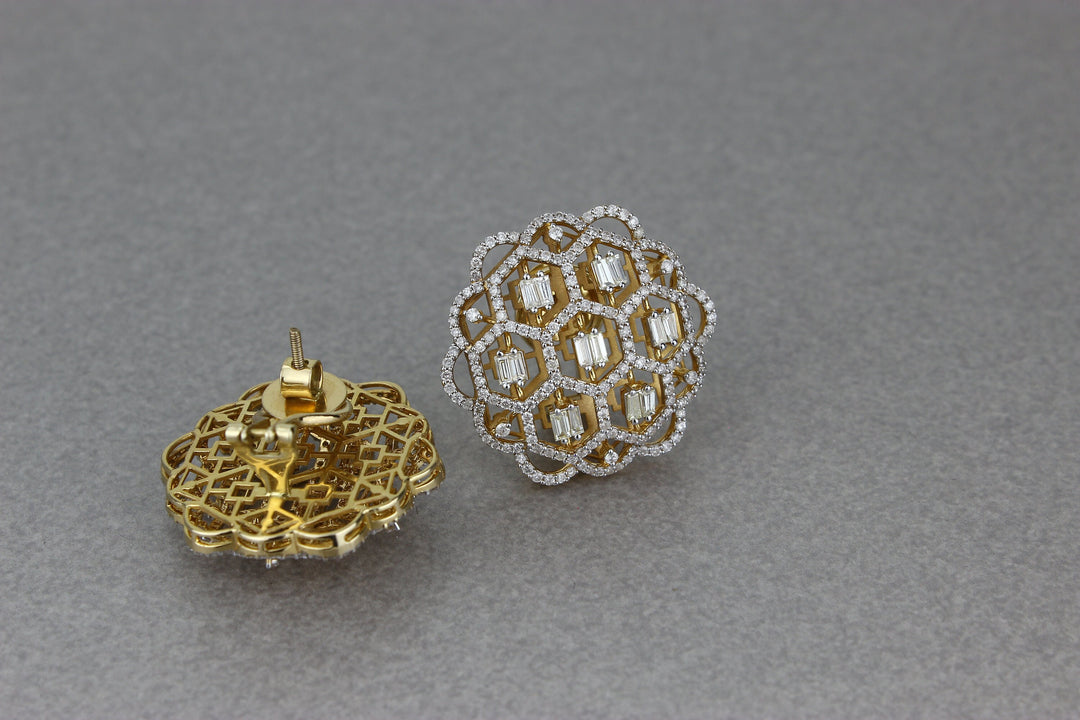 Floral Design Stud Earrings, Baguettes and round Diamond Earrings, 14k Solid Gold, Natural Diamonds, Gift for her