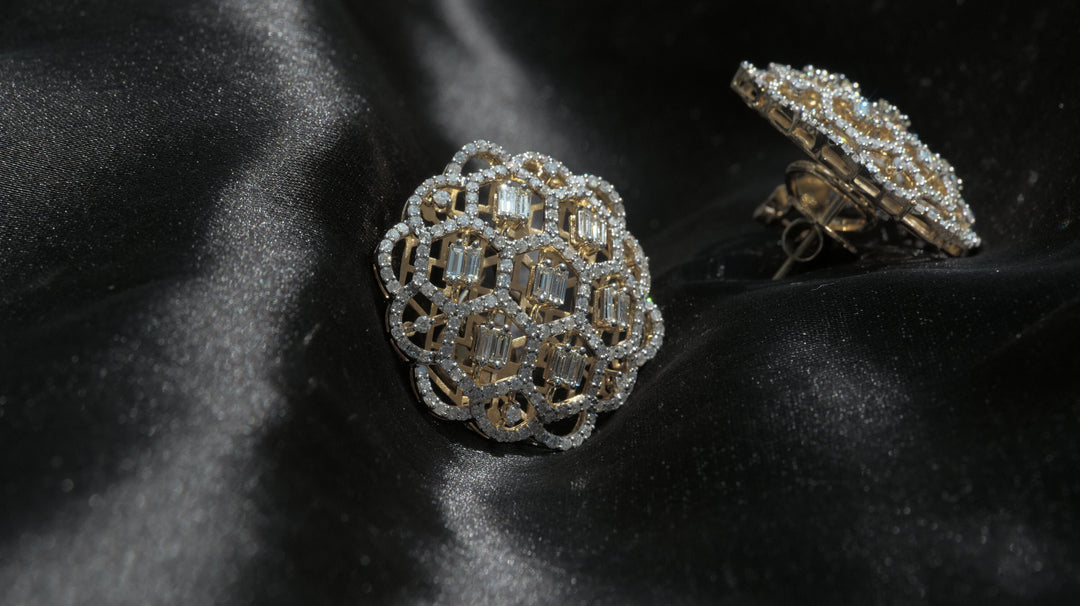 Floral Design Stud Earrings, Baguettes and round Diamond Earrings, 14k Solid Gold, Natural Diamonds, Gift for her