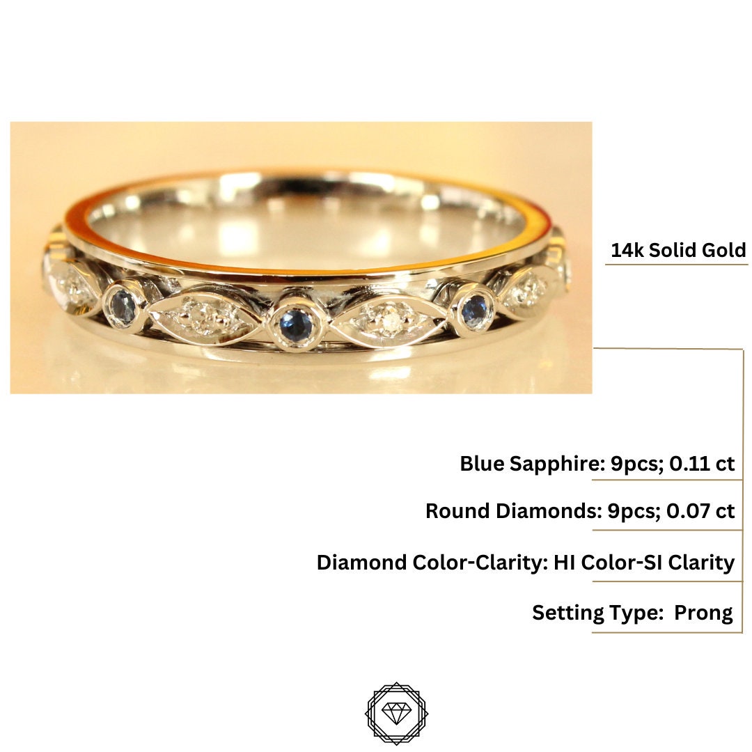 Blue Sapphires & Diamonds Band Ring, 14K Solid Gold, Natural Diamonds, Gift for her