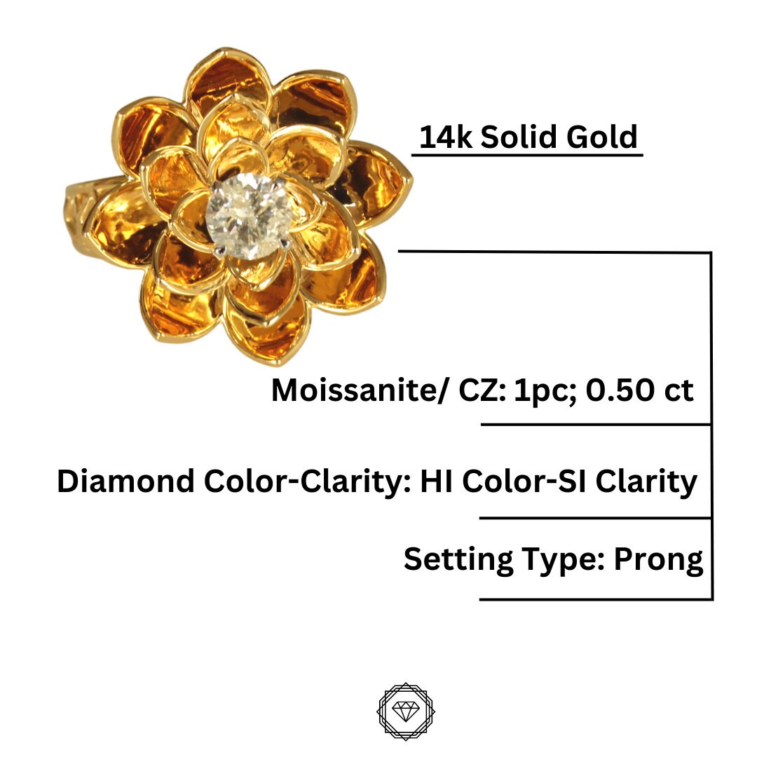 Solitaire engagement Diamond Flower Ring, 14k Solid Gold, Gold Petals Flower Ring, Natural Diamonds, Gift for her