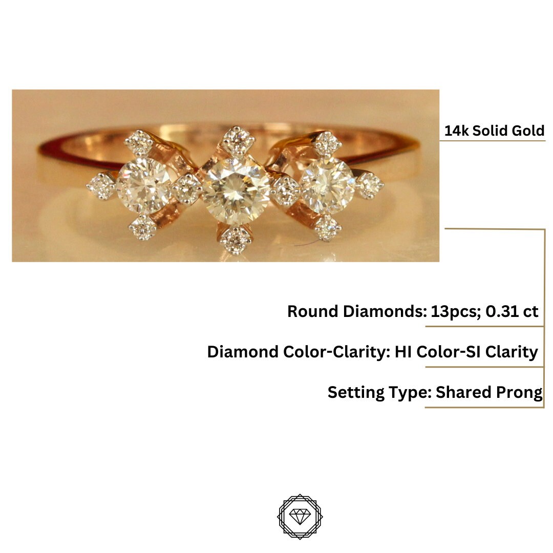 Triple Diamond Ring in 14K Solid Gold, Round Solitaire Natural Diamonds, Gift for her