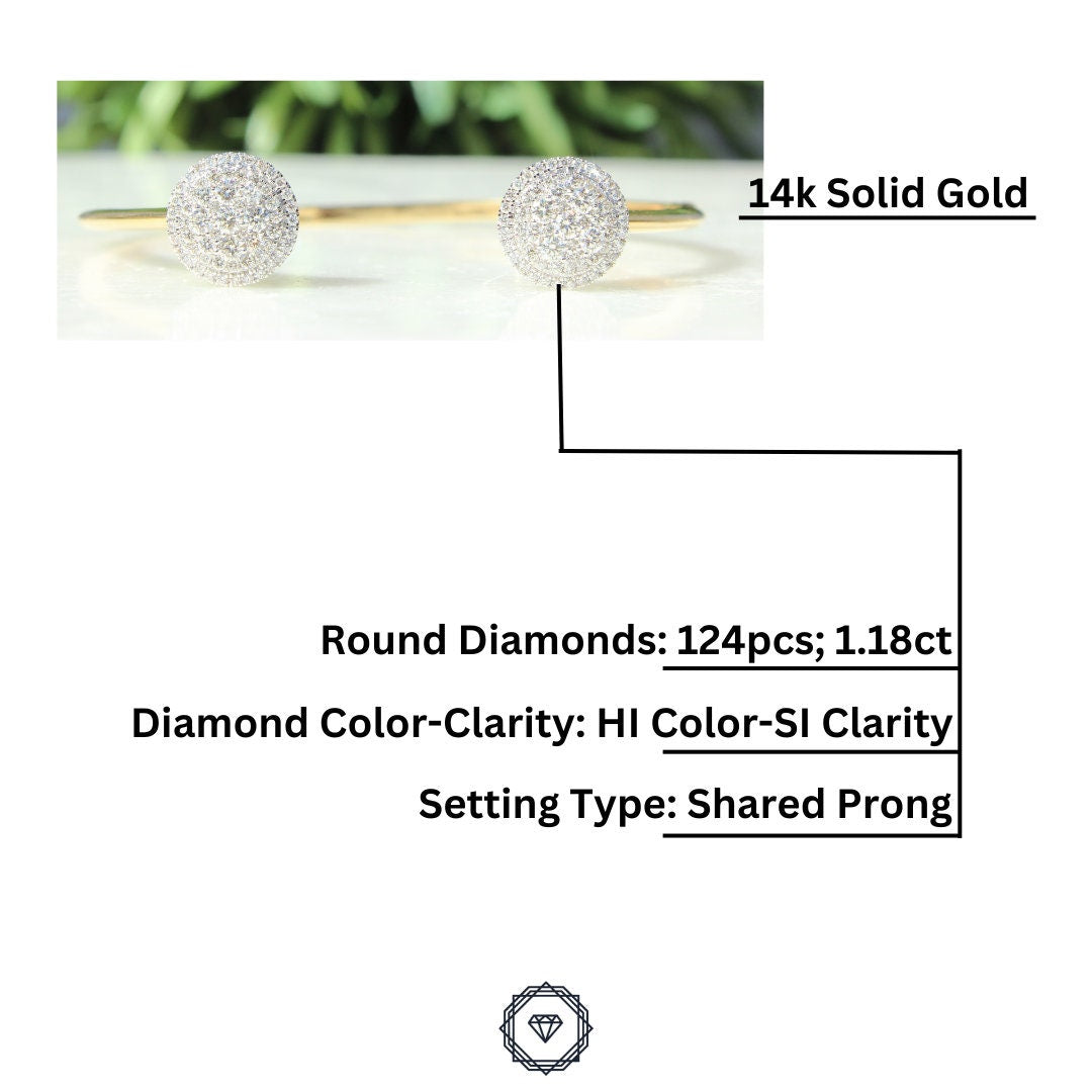 Circle Gold Bracelet, Cluster Setting Bracelet, Natural Diamonds Open Cuff, 14K Solid Gold, Gift for her
