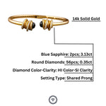 Load image into Gallery viewer, Blue Sapphire Diamond Cuff Bracelet, Spiral Bracelet With Natural Diamonds, 14K Solid Gold, Gift for her
