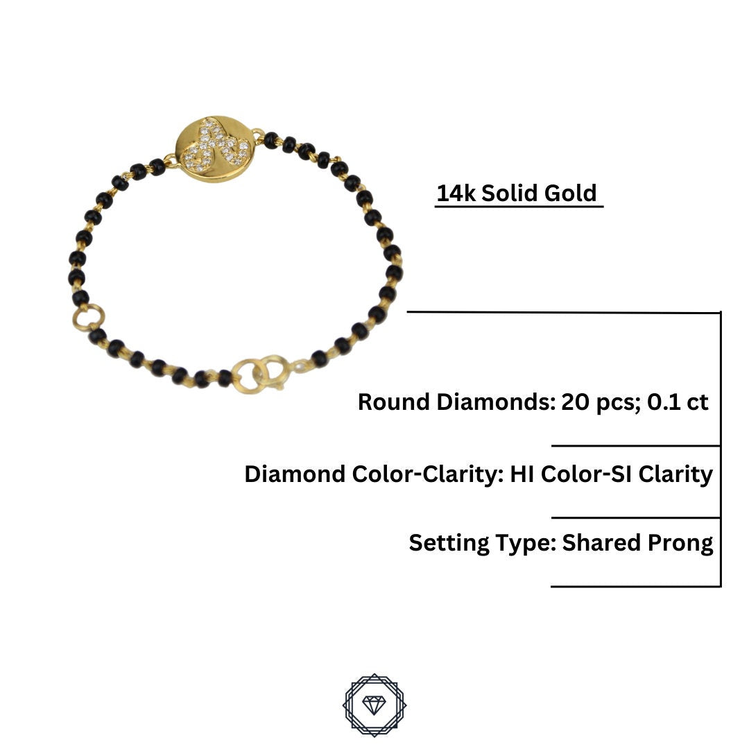 Gold Disc Initial Baby Bracelet, 14k Solid Gold, Natural Diamonds Nazariya, Kids Bracelet, Indian Protection Charm, Gift for toddlers