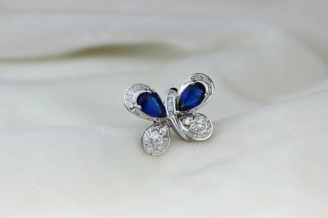 Blue Sapphire Butterfly Diamond Ring in 14K Solid Gold, Natural Diamonds,  Gemstone Ring, Gift for her