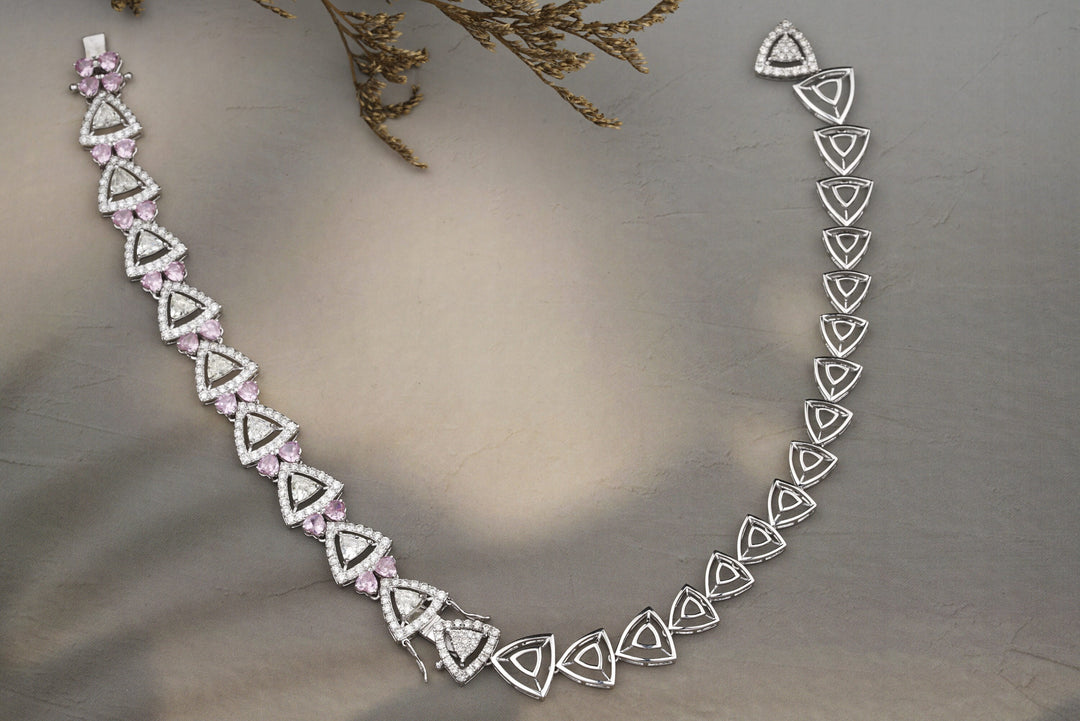 Trillion Halo Necklace, Heart shape Pink Tourmaline, Convertible Necklace Bracelet, Moissanite Necklace, 14k Solid Gold, Gift for her