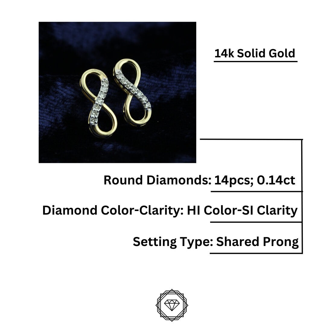 Infinity Design Stud Diamond Earrings, Natural Diamonds, 14k Solid Gold, Gift for her, Elegant Design