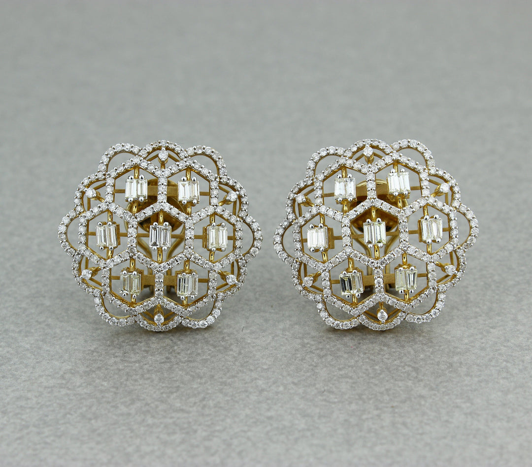 Floral Design Stud Earrings, Baguettes and round Diamond Earrings, 14k Solid Gold, Natural Diamonds, Gift for her