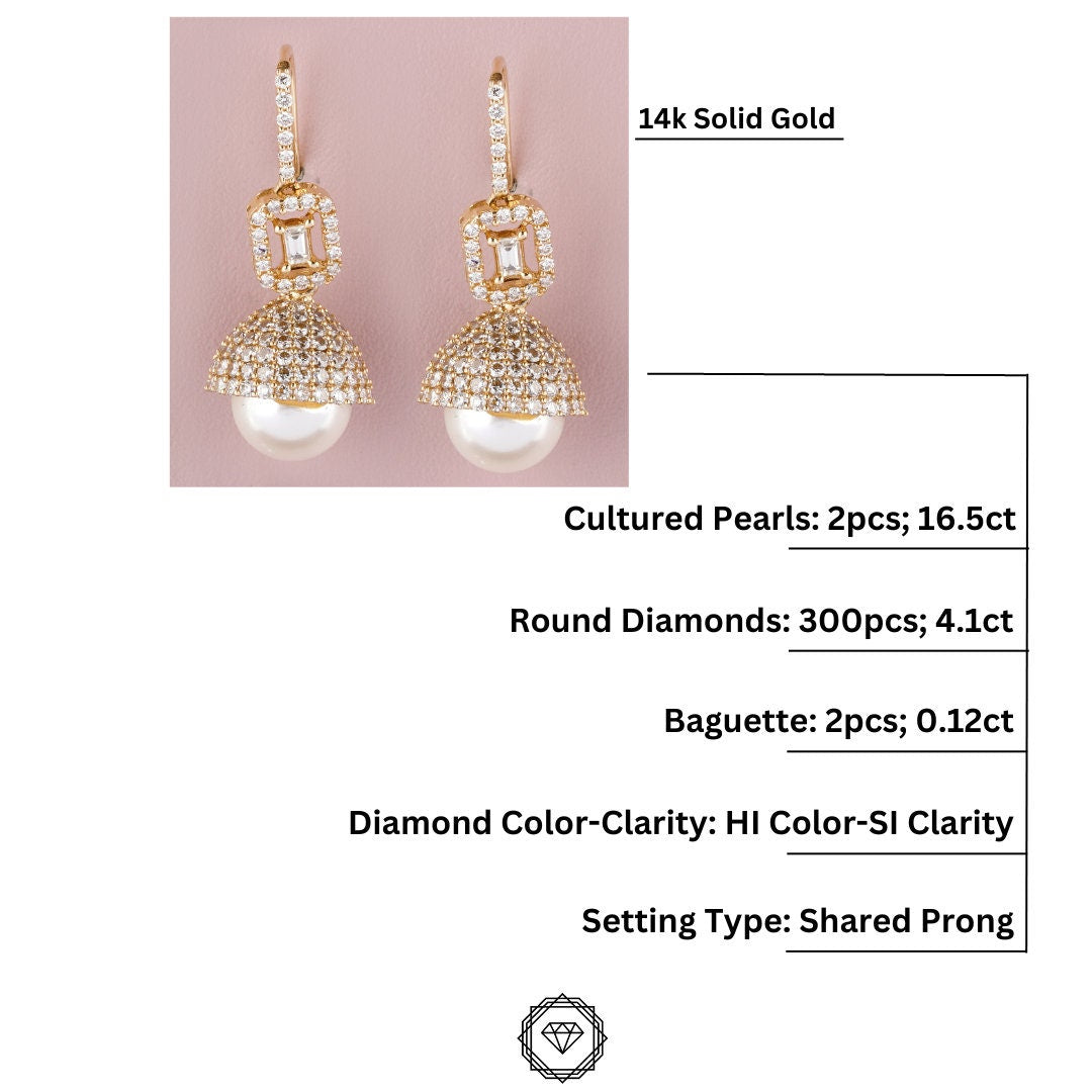 Pearl Drop Diamond Earrings, Baguette & Round Diamond Earrings In 14K Solid Gold, Gift for her