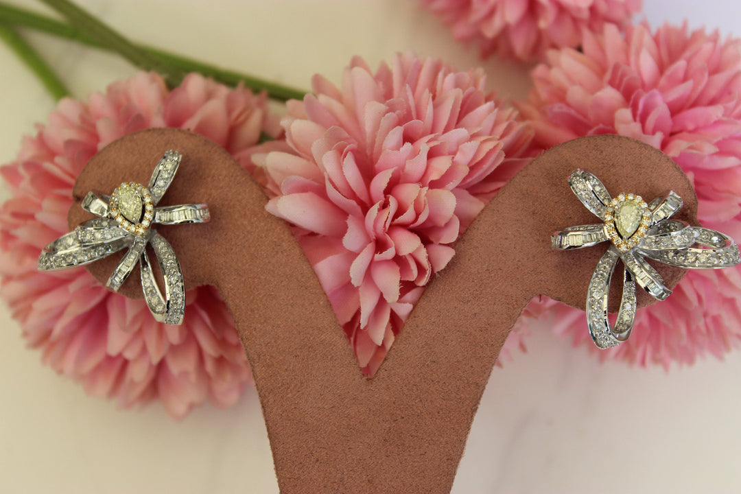 Bow Earrings with Pear Shaped Diamonds, with Baguette Diamond accents, 14k Solid Gold, Natural Diamonds, Dual Tone, Gift for her