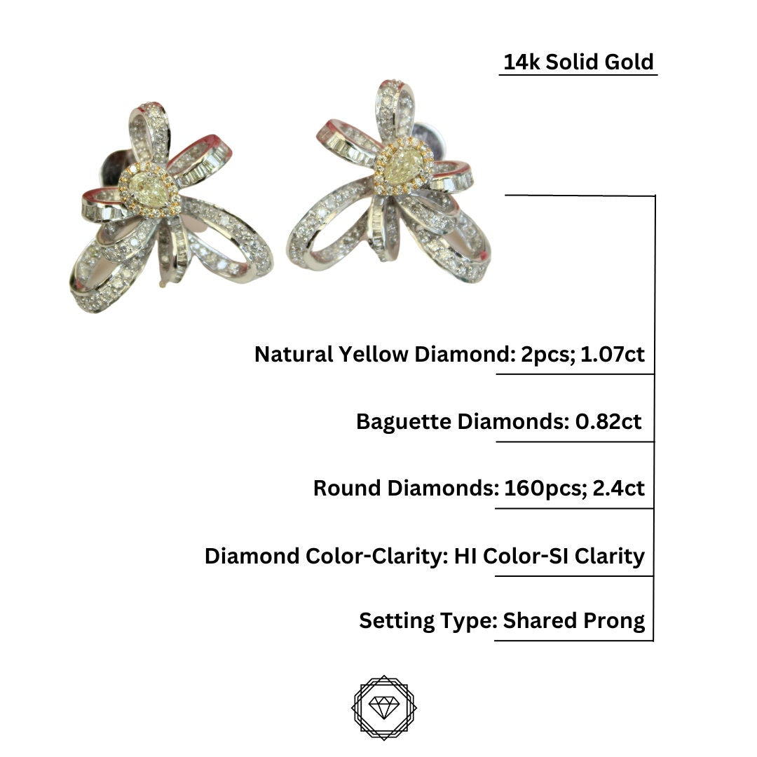 Bow Earrings with Pear Shaped Diamonds, with Baguette Diamond accents, 14k Solid Gold, Natural Diamonds, Dual Tone, Gift for her