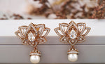 Load image into Gallery viewer, Lotus Design Earrings with White Topaz Gemstone, Classy Pearl Drop Earrings, 14k Solid Gold, Natural Diamonds, Gift For Her
