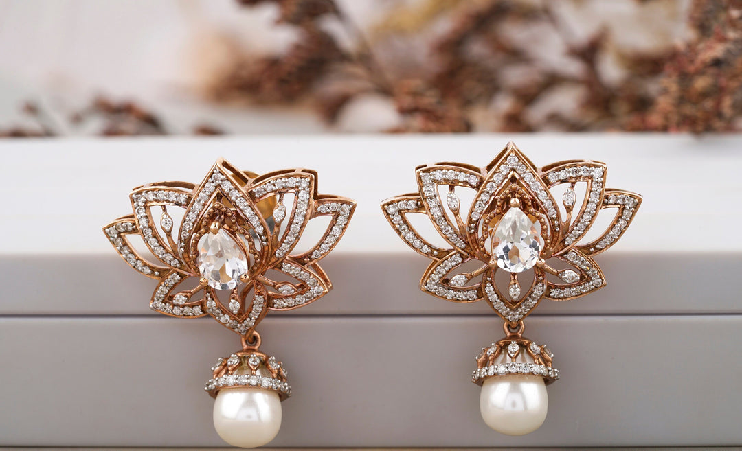 Lotus Design Earrings with White Topaz Gemstone, Classy Pearl Drop Earrings, 14k Solid Gold, Natural Diamonds, Gift For Her
