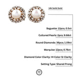 Load image into Gallery viewer, Pearl Studs with Diamond Outlines, Marquise, Baguettes &amp; Pearl Earrings, 14K Solid Gold, Natural Diamonds, Gift for her
