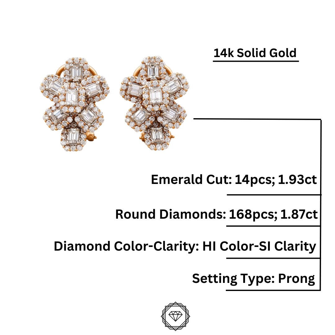 Emerald Cut Diamond Stud Earrings,  Flower Design Diamond Earrings, 14k Solid Gold, Natural Diamonds, Fancy shape diamond earrings, For her