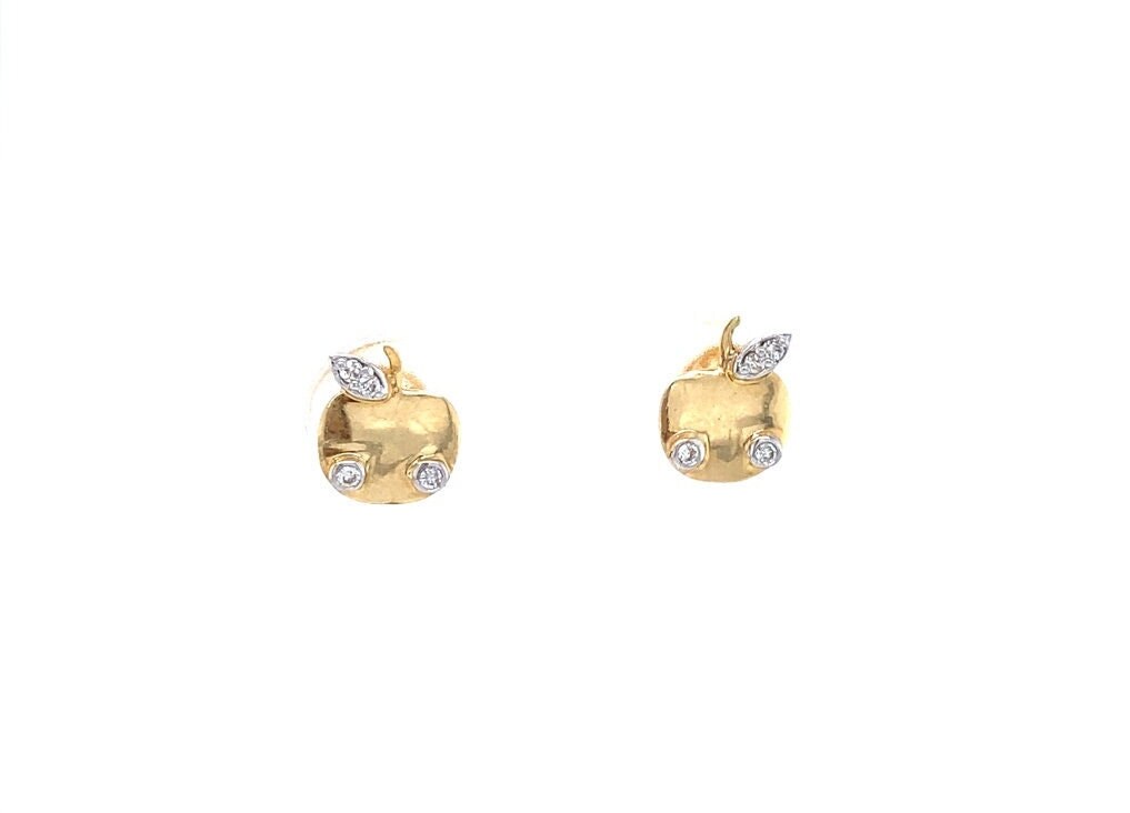 Kids Apple Diamond Stud Earrings, 14k Solid Gold, Natural Diamonds, Kids Jewelry, Gift for toddlers, girls and kids